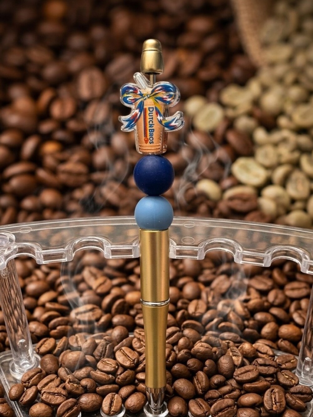 Freshly Brewed Dutch Bros Gold Pen with Blue Bead Accents- Free Refills Included